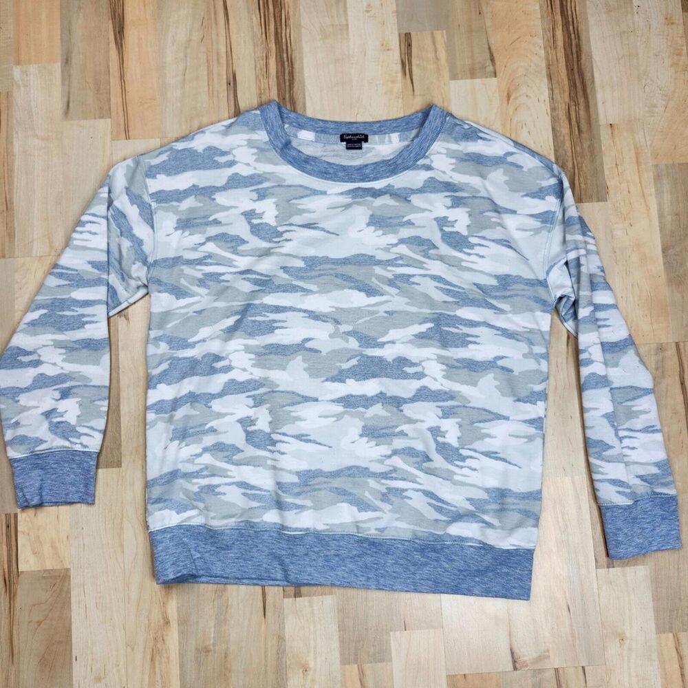 Splendid Women's Cozy Blue and Gray Camouflage Sweatshirt for Women Large